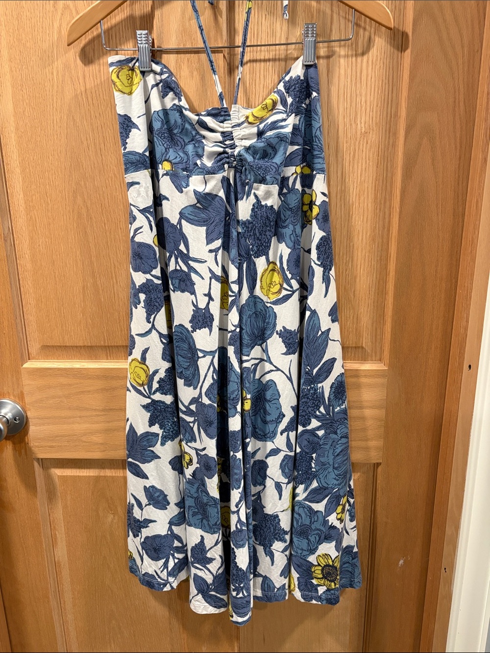 Patagonia White Dress with Blue and Yellow Floral Print Size Lg